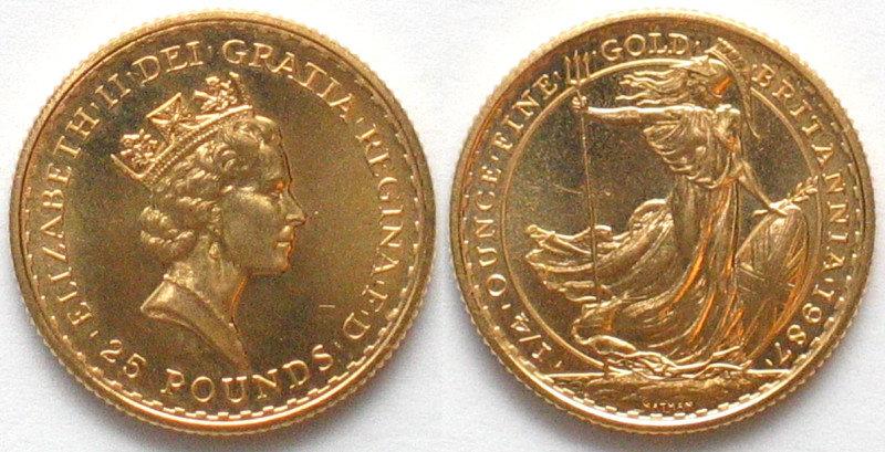 GREAT BRITAIN. 25 Pounds 1987, GOLD 1/4 Oz, BRITANNIA, UNC

KM # 951