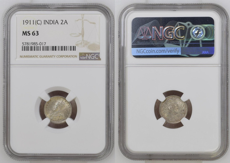 INDIA-BRITISH. 2 Annas 1911, GEORGE V - one year PIG TYPE - silver, NGC MS 63
...
