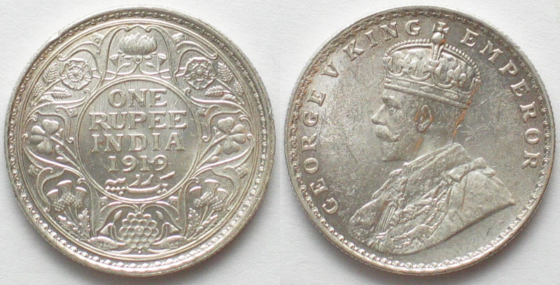 INDIA-BRITISH. 1 Rupee 1919 (b), Bombay mint, George V, silver, UNC-

KM # 524...