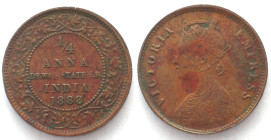 DEWAS, SENIOR BRANCH. 1/4 Anna 1888, Narayo Rao, Victoria, copper, AU!