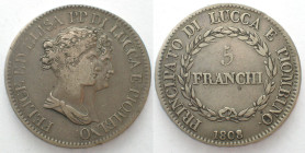 LUCCA. 5 Franchi 1808/7, FELIX & ELISA, large busts, silver, VF+