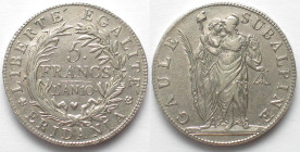 PIEDMONT REPUBLIC. 5 Francs AN 10 (1802), silver, AU!