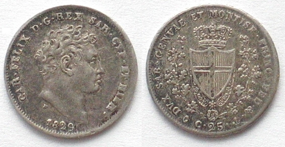 SARDINIA. 25 Centesimi 1829 P, Genoa mint, CARLO FELICE, silver, AU!

KM # 128...