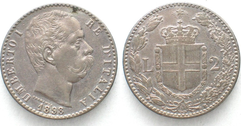 ITALY. Kingdom, 2 Lire 1898, UMBERTO I, silver, SCARCE! XF!

KM # 23, Pag. 599...