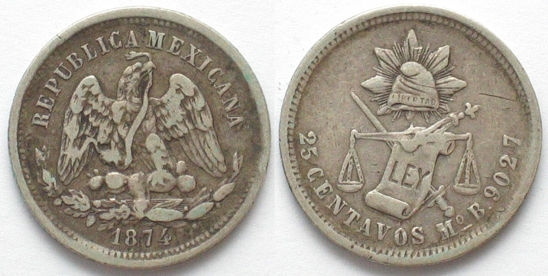 MEXICO. 25 Centavos 1874 Mo B, silver, VF

KM # 406.7