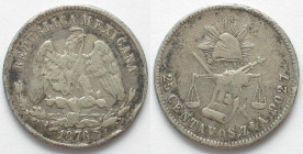 MEXICO. 25 Centavos 1876 Zs A, Zacatecas mint, silver, VF