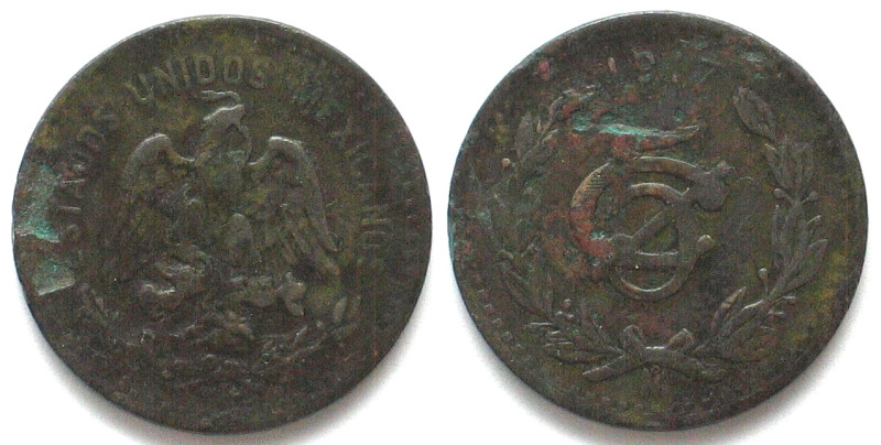 MEXICO. 5 Centavos 1917 Mo, bronze, VF, key date!

KM # 422, flan errors