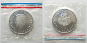 MONACO. 100 Francs 1974, 25th Anniv. of Reign RAINIER III, silver, orig. sealed BU