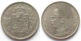 ROMANIA. 50 Lei 1937, Carol II, nickel, AU