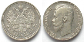 RUSSIA. Rouble 1901 ФЗ, Nicholas II silver, XF