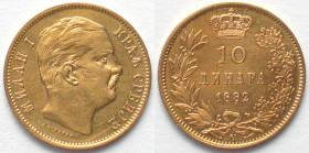 SERBIA. 10 Dinara 1882, Milan I, gold, Prooflike