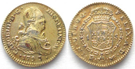 SPAIN. 1 Escudo 1793, CHARLES IV, gilt-silver contemporary counterfeit, silver, gold plated, XF