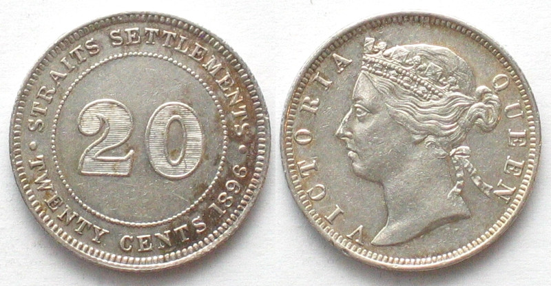 STRAITS SETTLEMENTS. 20 Cents 1896, Victoria, silver. UNC-!

KM # 12.