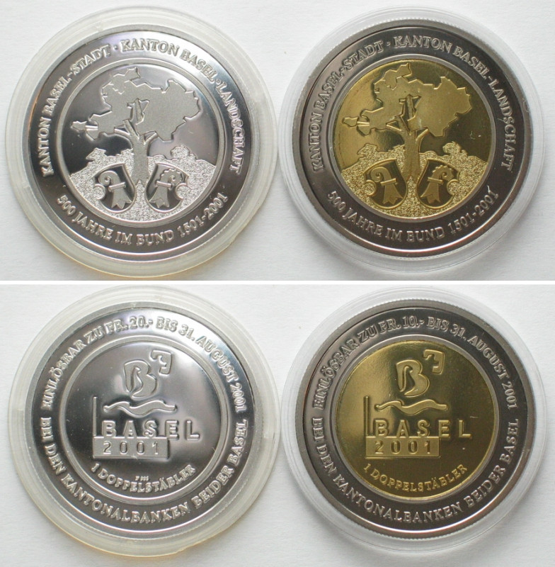BASEL. 1 Doppelstäbler (10 Swiss Francs) 2001, local coinage, silver & bi-metall...