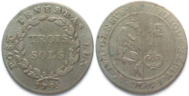 GENEVE / GENF. 3 Sols 1795 ohne Mzz. und ohne * neben Jahreszahl, Billon, sehr selten!
