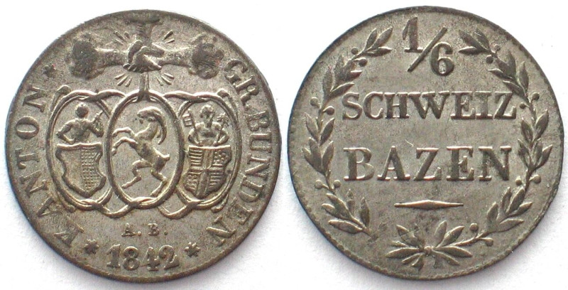 GRAUBÜNDEN. Kanton, 1/6 Batzen 1842, Billon, Erhaltung!

HMZ 2-607c. unz- (UNC...