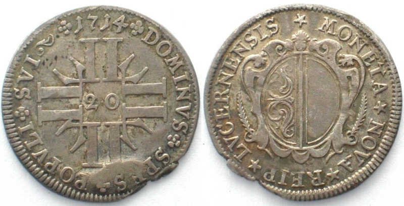 LUZERN. 20 Kreuzer 1714, Silber

HMZ 2-655b. Schrötlingsfehler am Rande, s. Ab...