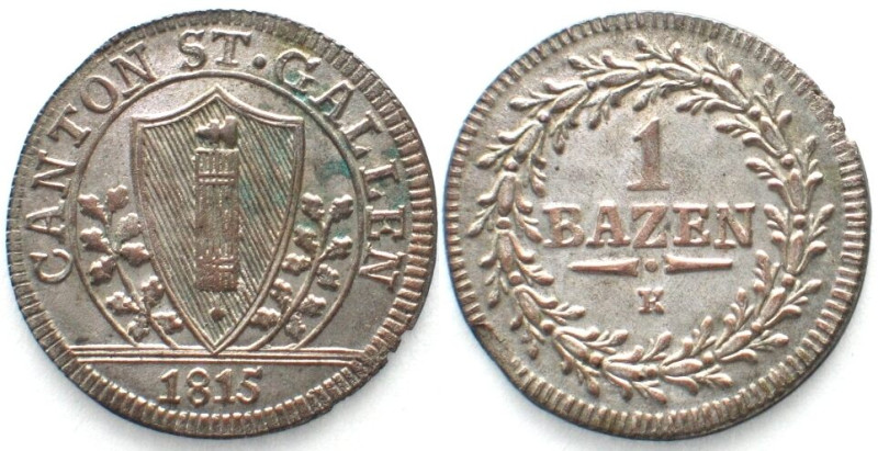 ST. GALLEN. Kanton. Batzen 1815, Billon, FDC, Prachtstück!

HMZ 2-916j. Schötl...