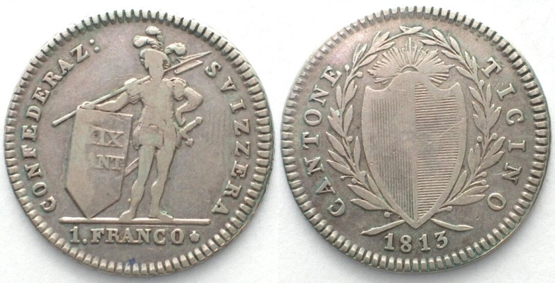 TICINO / TESSIN. 1 Franco 1813, no mintmark, silver, VF-, Rare!

HMZ 2-925a