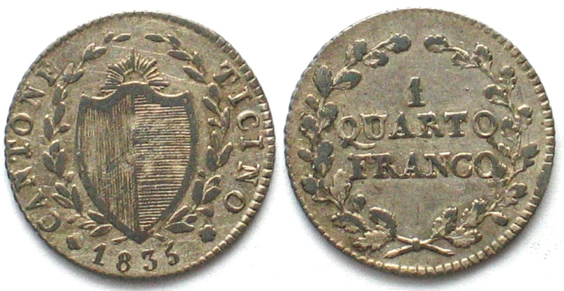 TICINO / TESSIN. 1/4 Franken (Quarto Franco) 1835, Silber, vz(XF)

HMZ 2-927a....