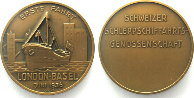 LONDON - BASEL 1936 SWISS TUGGING NAVIGATION SOCIETY. Bronze by Huguenin, 60mm, ...