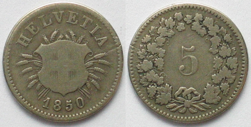 SWITZERLAND. 5 Rappen 1850, without mintmark, billon, RRR!

HMZ 2-1211c