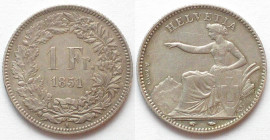 SWITZERLAND. 1 Franc 1851 A, Seated Helvetia, silver, AU!