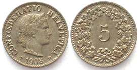 SWITZERLAND. 5 Rappen 1908, Crosslet B mintmark, Cu-Ni