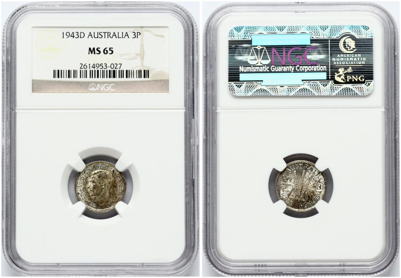 Australia. George VI (1936-1952). 3 Pence 1943D. Silver. KM-37. NGC MS 65