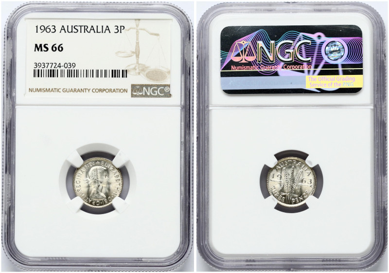 Australia. Elizabeth II (1952-2022). 3 Pence 1963. Silver. KM-57. NGC MS 66 ONLY...