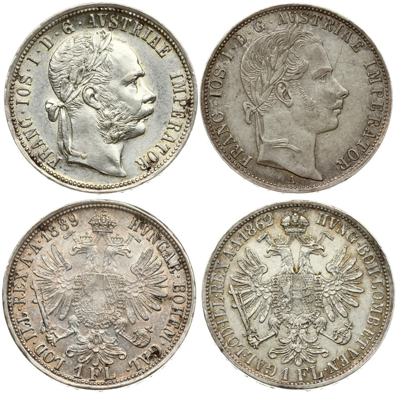 Austria. Franz Joseph I (1848-1916). 1 Florin 1862A & 1889. Silver. KM 2219; 222...