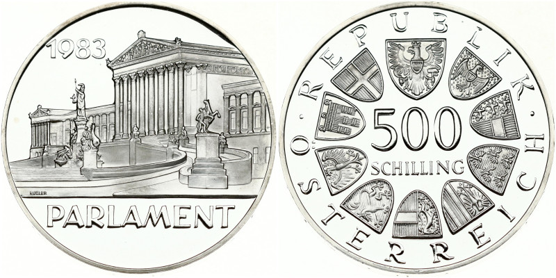 Austria. 500 Schilling 1983 Parliament Building Centennial. Silver .925 24 g. KM...