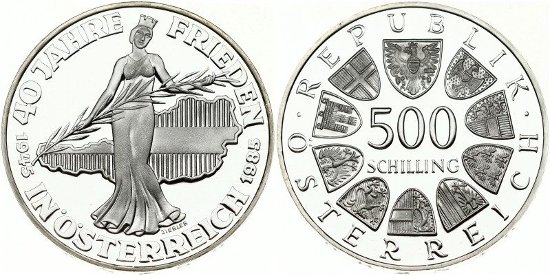 Austria. 500 Schilling 1985 40 Years of Peace in Austria. Silver .925 24 g. KM-2...