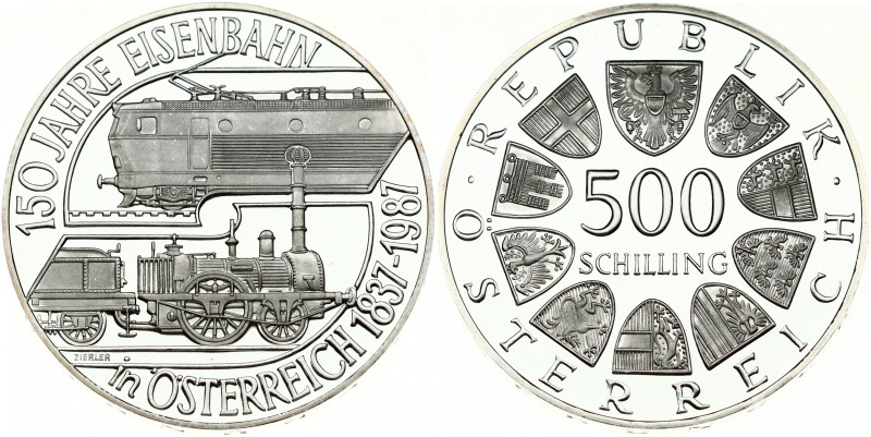 Austria. 500 Schilling 1987 Austrian Railroad 150 Years. Silver .925 24 g. KM-29...