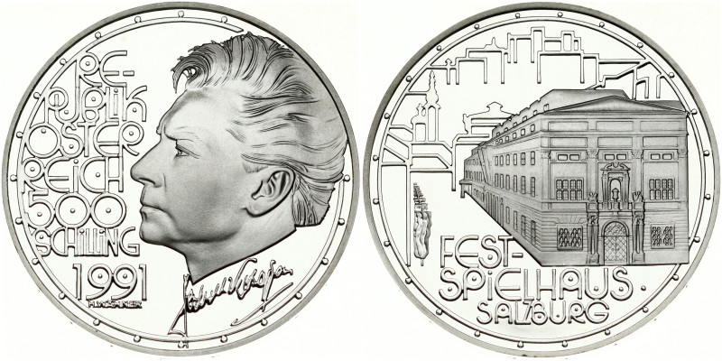 Austria 500 Schilling 1991 Herbert von Karajan. Silver .925 24g. KM-3000