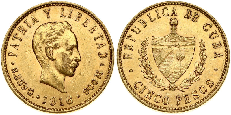 Cuba. 5 Pesos 1916 José Martí. Gold 8.34 g. Fr. 4; KM 19