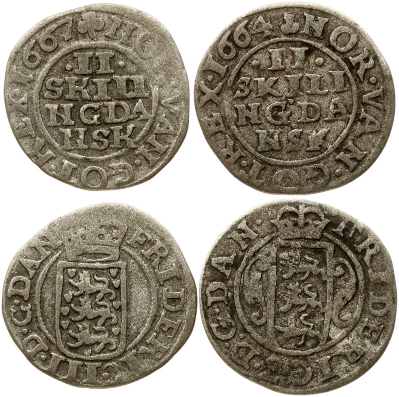 Denmark. Frederick III (1648-1670). 2 Skilling 1664 & 1667. Billon. KM-209, 249....