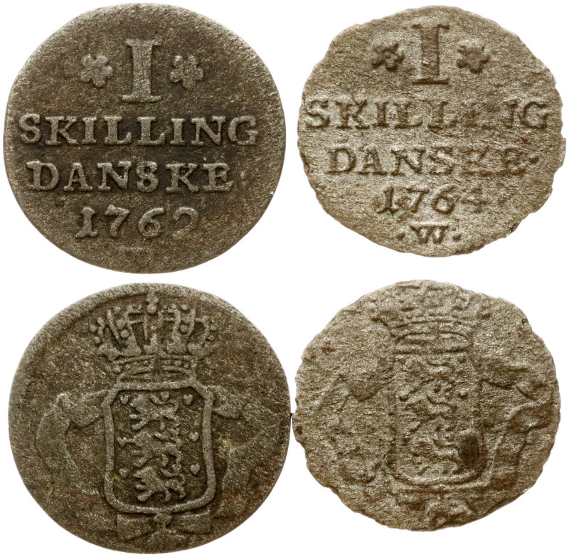 Denmark. Frederick V (1746-1766). 1 Skilling 1762 & 1764. Billon. KM-578. Lot of...