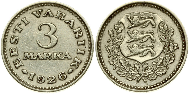 Estonia 3 Marka 1926 Obverse: National arms within wreath. Reverse: Denomination...