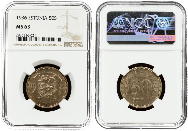 Estonia. 50 Senti 1936. Nickel-bronze. KM 18. NGC MS 63