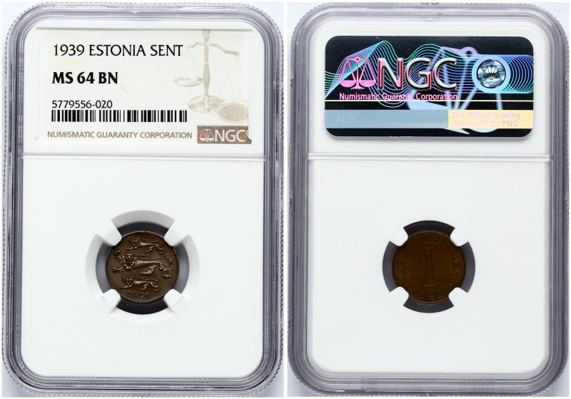 Estonia 1 Sent 1939. Bronze. KM-19; Kaupo Laan-15. NGC MS 64 BN