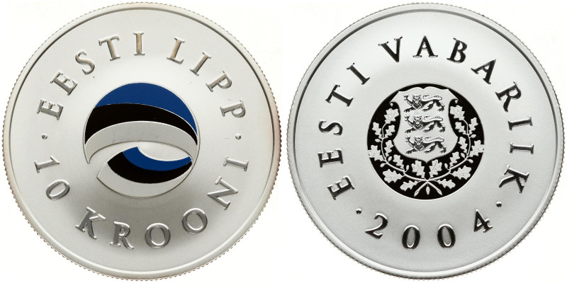 Estonia 10 Krooni 2004 National Flag. Silver .999, 28.51 g. KM-40. With Box & Ce...