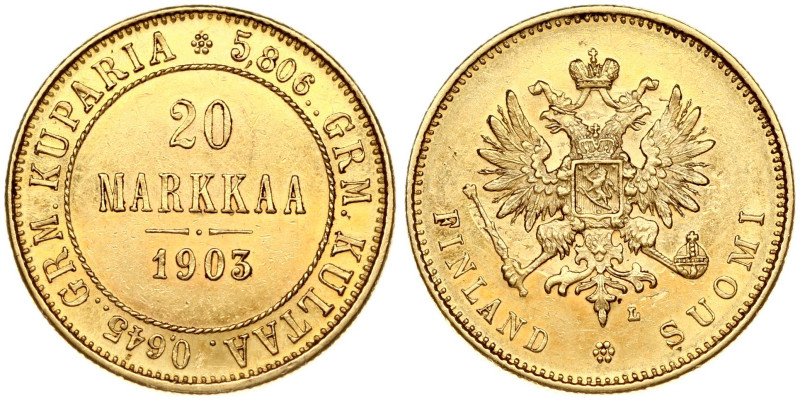 Russia for Finland. Nicholas II (1894-1917). 20 Markkaa 1903 L. Gold 6.45 g. Fr....