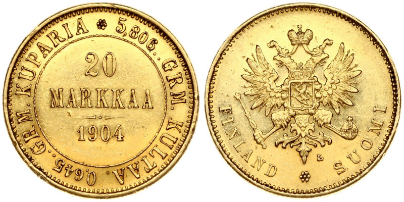 Russia for Finland. Nicholas II (1894-1917). 20 Markkaa 1904 L. 
Gold 6.44g. Fr....