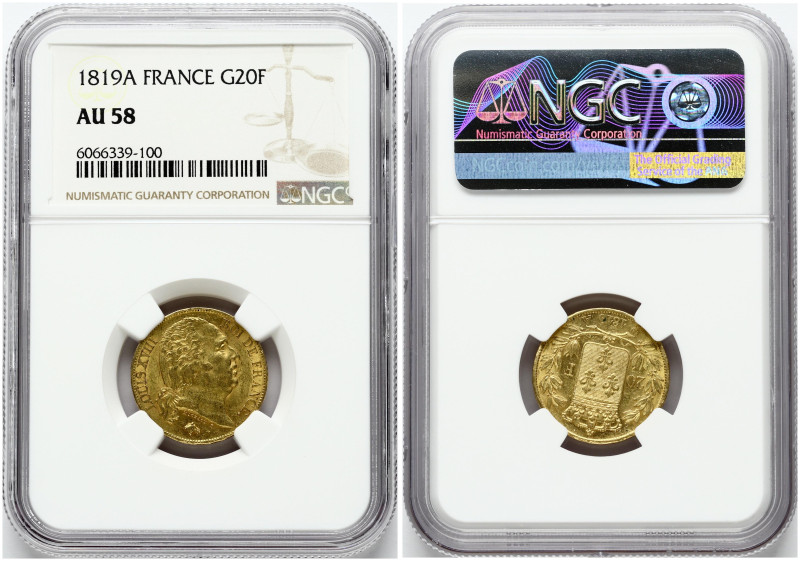 France. Louis XVIII (1814-1824). 20 Francs 1819 A. Gold 6.45g. Fr. 538; KM-712.1...