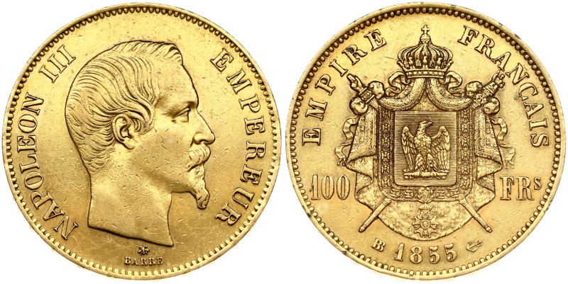 France. Napoleon III (1852-1870). 100 Francs 1855 BB. Gold 32.21 g. Fr. 570, KM ...