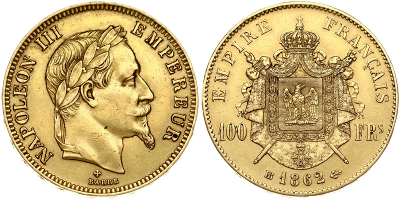 France. Napoleon III (1852-1870). 100 Francs 1862 BB. Gold 32.18 g. Fr. 581, KM ...