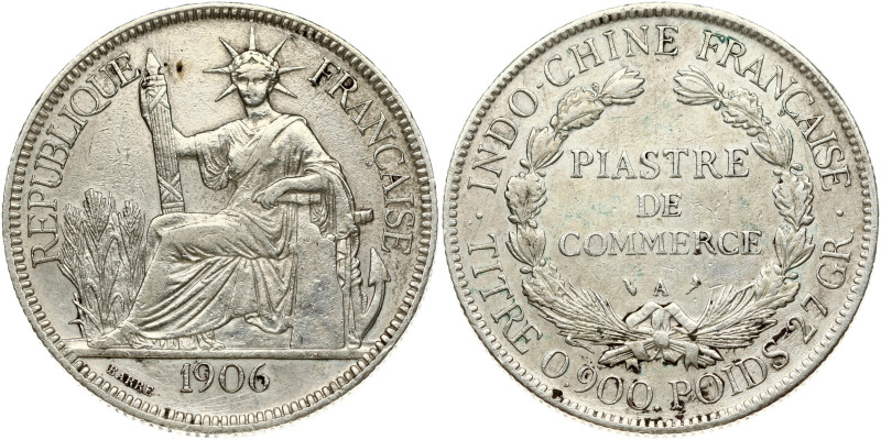 French Indochina 1 Piastre 1906 A. Silver 26.71g. Small Scratches. KM-5a