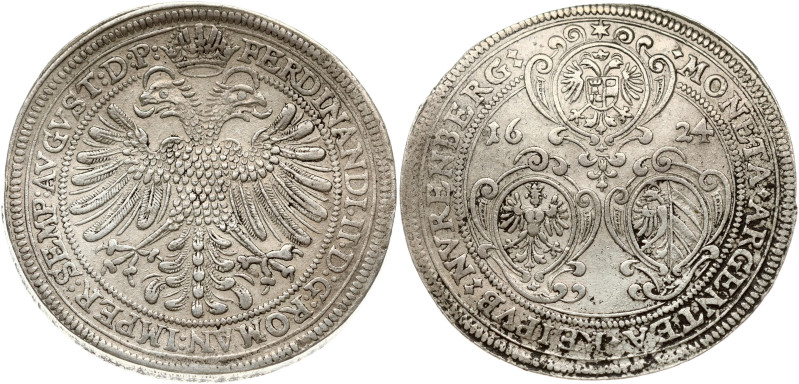 Germany Nürnberg 1 Thaler 1624 Obverse: 3 Ornate rounded shields, upper shield i...