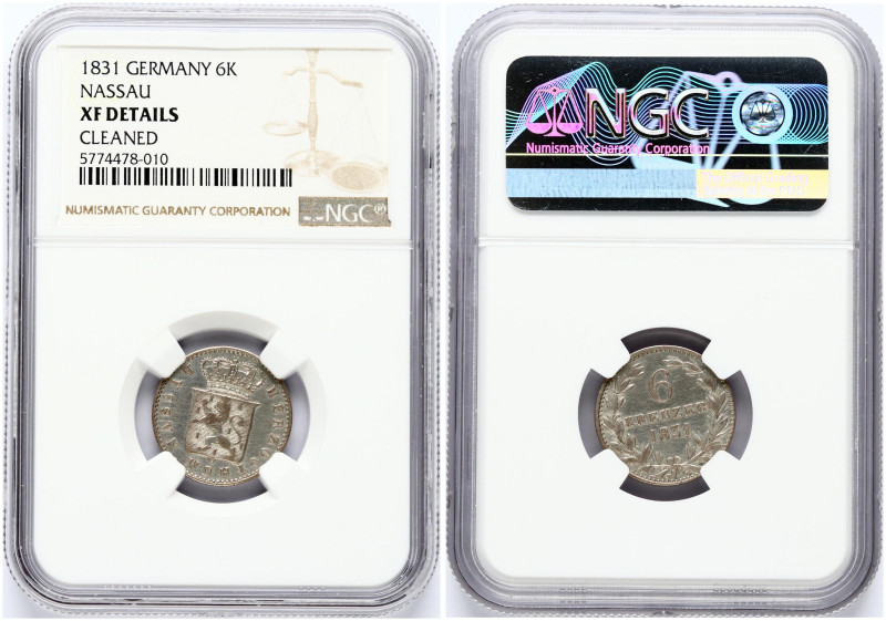 Germany Nassau 6 Kreuzer 1831 Wilhelm (1816-1839). Obverse: Crowned arms. Letter...